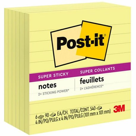 Post-it Super Sticky Lined Notes - 540 - 4" x 4" - Square - 90 Sheets per Pad - Ruled - Canary Yellow - Paper - Self-adhesive - 