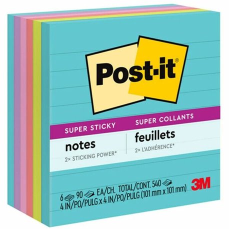 Post-it Super Sticky Lined Notes - Supernova Neons Color Collection - 540 x Multicolor - 4" x 4" - Rectangle - 90 Sheets per Pad