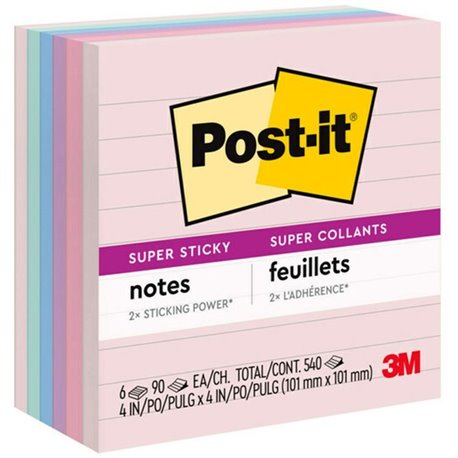 Post-it Super Sticky Lined Recycled Notes - Wanderlust Pastels Color Collection - 540 - 4" x 4" - Square - 90 Sheets per Pad - R