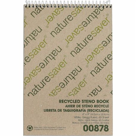 Nature Saver Recycled Steno Book - 60 Sheets - Spiral - 6" x 9" - White Paper - Chipboard Cover - Back Board - Recycled - 1 Each
