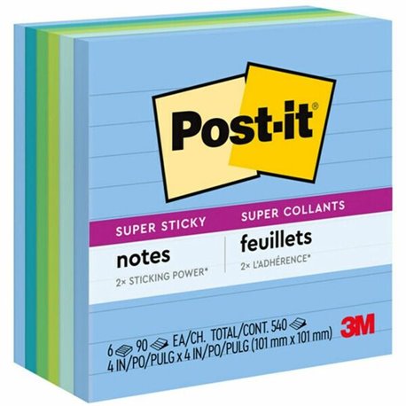 Post-it Super Sticky Lined Notes - Oasis Color Collection - 540 - 4" x 4" - Square - 90 Sheets per Pad - Ruled - Washed Denim, F