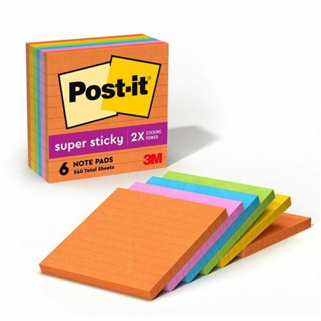 Post-it Super Sticky Lined Notes - Energy Boost Color Collection - 540 - 4" x 4" - Square - 90 Sheets per Pad - Ruled - Vital Or