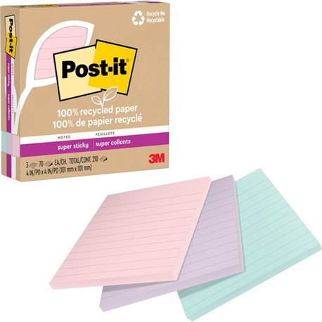 Post-it Super Sticky Adhesive Note - 210 - 4" x 4" - Square - 70 Sheets per Pad - Assorted Wanderlust Pastel - Removable, Reposi