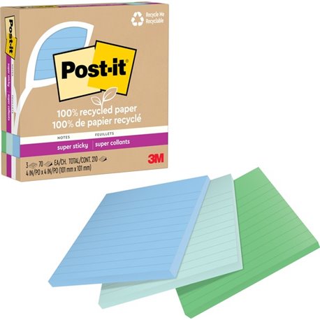 Post-it Super Sticky Adhesive Note - 210 - 4" x 4" - Square - 70 Sheets per Pad - Ruled - Assorted Oasis - Removable, Reposition