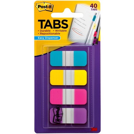 Post-it Easy Dispenser Tabs - 40 Tab(s)0.63" Tab Width - Self-adhesive - Pink, Purple, Yellow, Blue Tab(s) - 40 / Pack