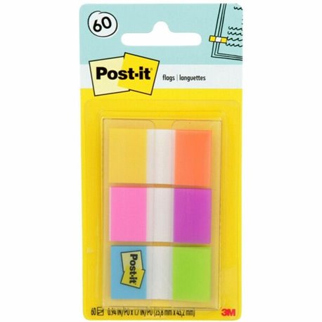 Post-it Flags - 60 - 1" x 1 3/4" - Rectangle - Unruled - Orange, Blue, Green, Pink, Yellow, Purple, Assorted - Reusable, Reposit