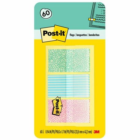 Post-it Printed Flags - 60 x Assorted Pastel - 1" x 1 3/4" - 30 Sheets per Pad - Green, Blue, Pink - Self-adhesive, Sticky, Remo