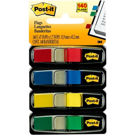 Post-it Flags - 35 x Blue, 35 x Green, 35 x Red, 35 x Yellow - 1/2" x 1 3/4" - Rectangle - Unruled - Red, Blue, Green, Yellow, A