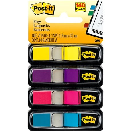 Post-it Flags - 35 x Bright Blue, 35 x Bright Pink, 35 x Bright Purple, 35 x Bright Yellow - 1/2" x 1 3/4" - Rectangle - Unruled