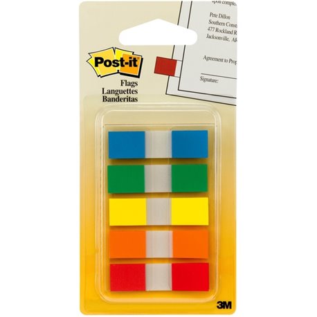 Post-it Flags in Portable Dispenser - 20 x Blue, 20 x Green, 20 x Orange, 20 x Red, 20 x Yellow - 1/2" x 1 3/4" - Rectangle - Un