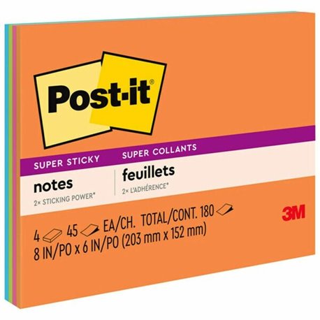 Post-it Super Sticky Notes - Energy Boost Color Collection - 180 - 6" x 8" - Rectangle - 45 Sheets per Pad - Unruled - Vital Ora