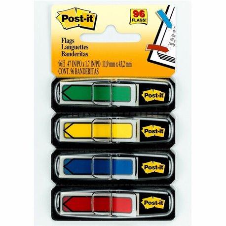 Post-it Arrow Flags - 24 x Red, 24 x Green, 24 x Yellow, 24 x Blue - 1/2" x 1 3/4" - Arrow, Rectangle - Unruled - Green, Yellow,