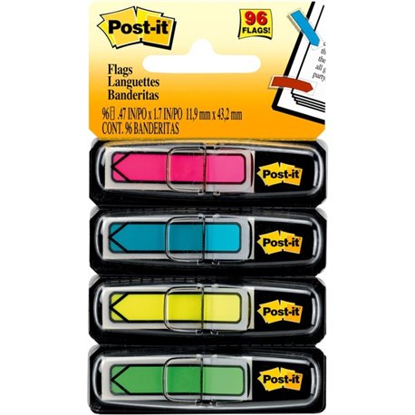 Post-it Arrow Flags - 24 x Pink, 24 x Blue, 24 x Yellow, 24 x Green - 1/2" x 1 3/4" - Arrow, Rectangle - Unruled - Pink, Green, 