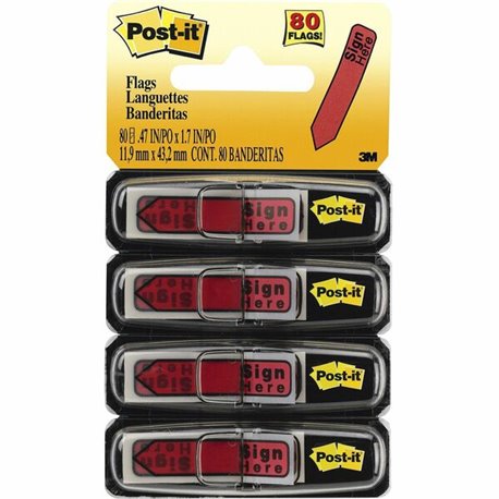 Post-it Arrow Message Flags - 80 x Red - 1/2" x 1 3/4" - Arrow, Rectangle - Unruled - "SIGN HERE" - Red - Removable, Self-adhesi