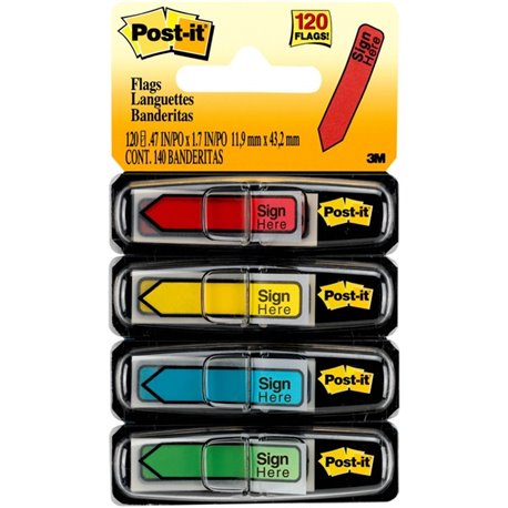 Post-it Message Flags - 30 x Yellow, 30 x Blue, 30 x Red, 30 x Green - 1/2" x 1 3/4" - Rectangle, Arrow - Unruled - "SIGN HERE" 