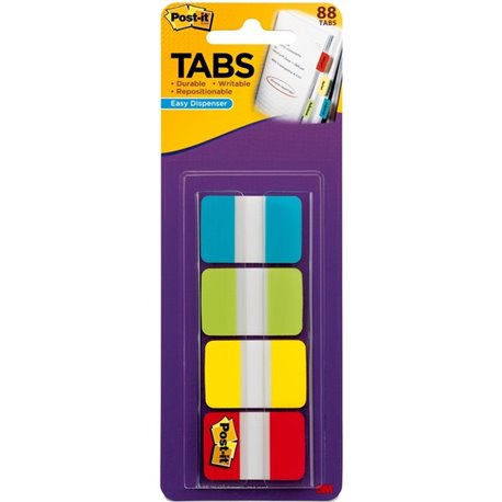 Post-it Tabs in On-the-Go Dispenser - 88 Write-on Tab(s) - 1.50" Tab Height x 1" Tab Width - Blue, Green, Yellow, Red Tab(s) - R