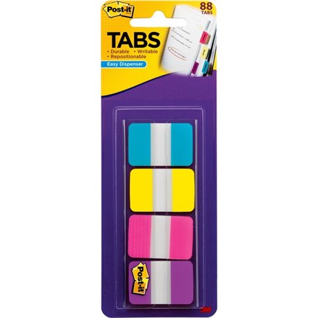 Post-it Tabs - 88 Write-on Tab(s) - 1.50" Tab Height x 1" Tab Width - Blue, Yellow, Pink, Purple Tab(s) - Repositionable - 88 / 