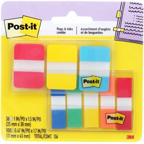 Post-it Tabs and Flags Combo Pack - Red, Yellow, Blue, Green, Orange - Sticky, Adhesive - 136 / Pack