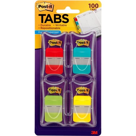 Post-it Tabs - 100 Write-on Tab(s) - 1" Tab Height x 1.50" Tab Width - Red, Blue, Green, Yellow Tab(s) - Tear Resistant, Wear Re