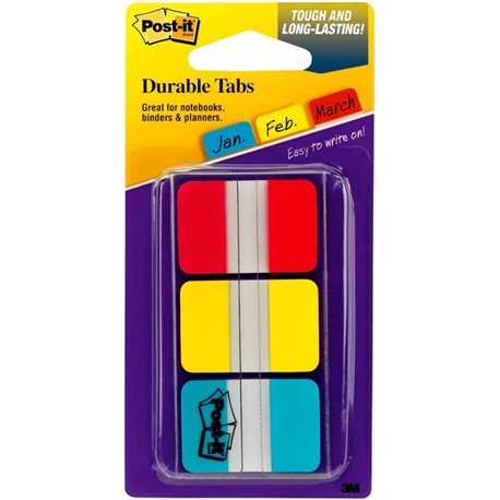 Post-it Durable Tabs - Write-on Tab(s) - 0.98" Tab Height x 1" Tab Width - Self-adhesive, Removable - Red, Yellow, Blue, Neon Ta