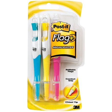 Post-it Flag+ Highlighter - Yellow, Pink, Blue - Yellow, Pink, Blue Barrel - 3 / Pack