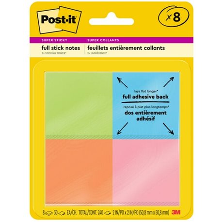 Post-it Super Sticky Full Adhesive Notes - Energy Boost Color Collection - 240 - 2" x 2" - Square - 30 Sheets per Pad - Unruled 