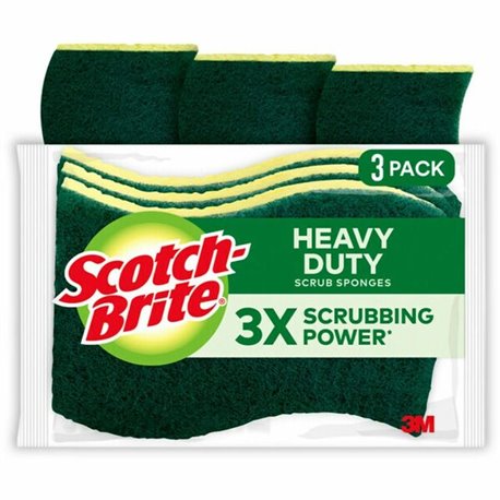 Scotch-Brite Heavy-Duty Scrub Sponges - 2.8" Height x 4.5" Width x 4.5" Length x 590 mil Thickness - 3/Pack - Yellow, Green