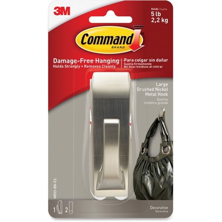 Command Large Modern Reflections Hook - 5 lb (2.27 kg) Capacity - for Painted Surface, Wood, Tile - Metal - Brushed Nickel - 1 /