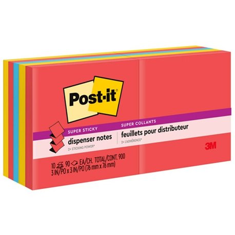 Post-it Super Sticky Dispenser Notes - Playful Primaries Color Collection - 900 - 3" x 3" - Square - 90 Sheets per Pad - Unruled