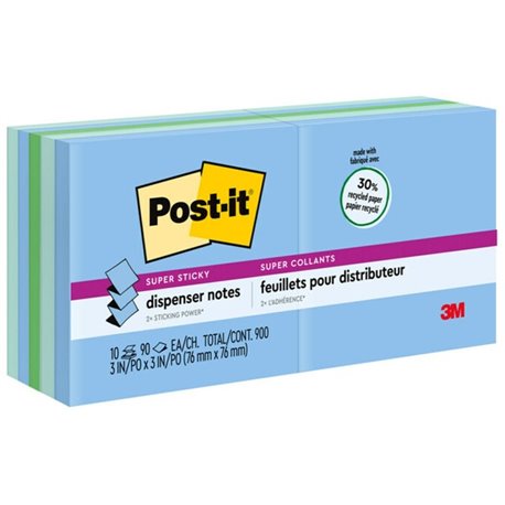 Post-it Super Sticky Adhesive Notes - Oasis Color Collection - 900 x Assorted - 3" x 3" - Square - 90 Sheets per Pad - Washed De