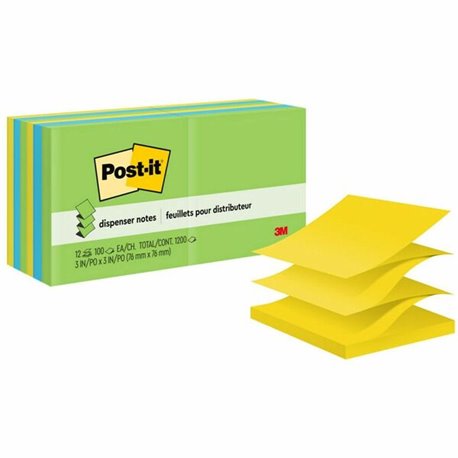 Post-it Dispenser Notes - 1200 - 3" x 3" - Square - 100 Sheets per Pad - Unruled - Limeade, Citron, Blue Paradise - Paper - Pop-