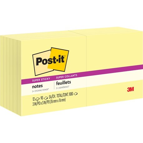 Post-it Super Sticky Dispenser Notes - 1080 - 3" x 3" - Square - 90 Sheets per Pad - Unruled - Canary Yellow - Paper - Self-adhe