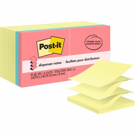 Post-it Dispenser Notes - Assorted Colors - 1800 - 3" x 3" - Square - 100 Sheets per Pad - Unruled - Pink, Blue, Yellow - Paper 