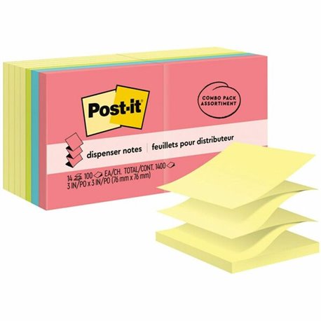 Post-it Dispenser Notes - Poptimistic Color Collection and Canary Yellow - 1400 - 3" x 3" - Square - 100 Sheets per Pad - Unrule