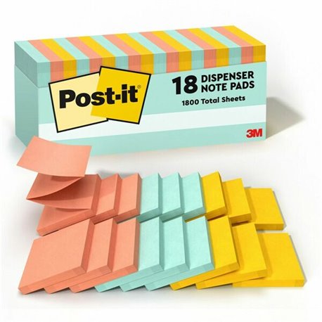 Post-it Dispenser Notes - Beachside Caf&eacute Color Collection - 3" x 3" - Rectangle - Fresh Mint, Sunnyside, Papaya Fizz - 18 