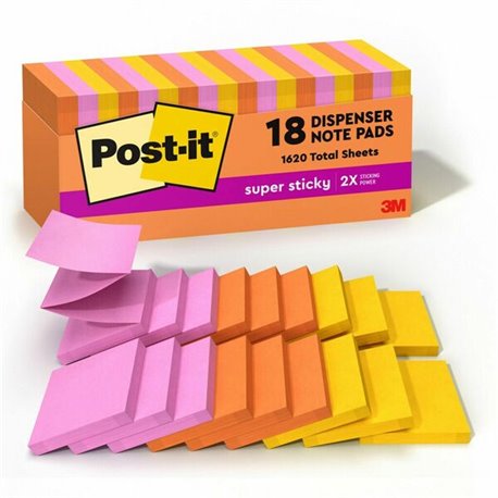 Post-it Super Sticky Dispenser Notes - Energy Boost Color Collection - 3" x 3" - Rectangle - Vital Orange, Tropical Pink, Sunnys