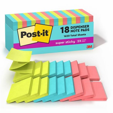 Post-it Super Sticky Dispenser Notes - Supernova Neons Color Collection - 3" x 3" - Square - 90 Sheets per Pad - Aqua Splash, Ac