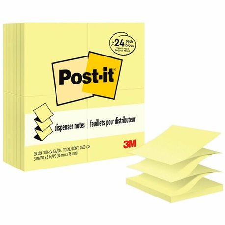 Post-it Dispenser Notes Value Pack - 2400 - 3" x 3" - Square - 100 Sheets per Pad - Unruled - Canary Yellow - Paper - Self-adhes