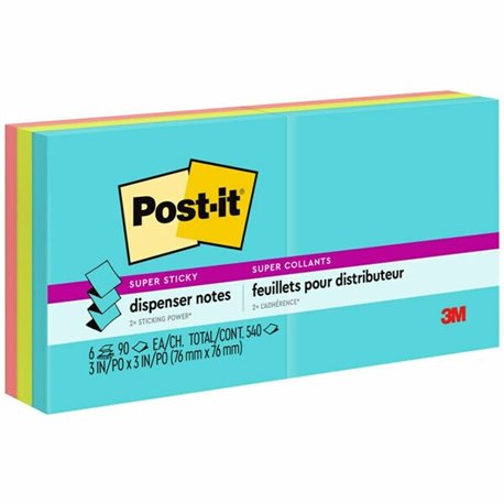 Post-it Super Sticky Dispenser Notes - Supernova Neons Color Collection - 540 x Multicolor - 3" x 3" - Rectangle - 90 Sheets per