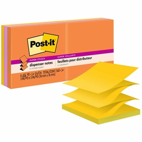 Post-it Super Sticky Dispenser Notes - Energy Boost Color Collection - 540 - 3" x 3" - Square - 90 Sheets per Pad - Unruled - Vi