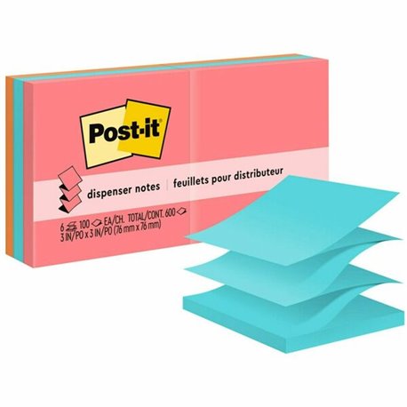 Post-it Pop-up Adhesive Note - 600 - 3" x 3" - Square - 100 Sheets per Pad - Unruled - Electric Blue, Limeade, Neon Orange, Neon