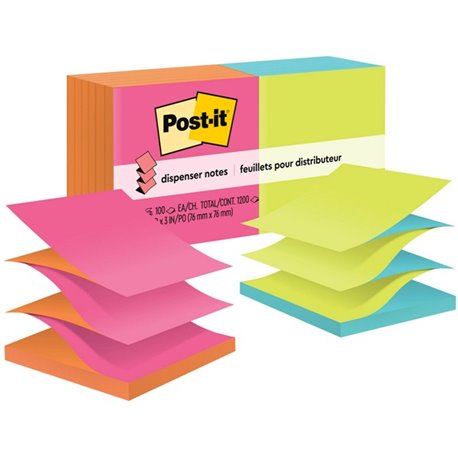 Post-it Dispenser Notes - 1200 - 3" x 3" - Square - 100 Sheets per Pad - Unruled - Power Pink, Vital Orange, Acid Lime, Aqua Spl