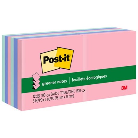 Post-it Greener Dispenser Notes - Sweet Sprinkles Color Collection - 1200 - 3" x 3" - Square - 100 Sheets per Pad - Unruled - Po