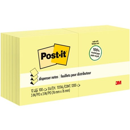 Post-it Greener Dispenser Notes - 1200 - 3" x 3" - Square - 100 Sheets per Pad - Unruled - Yellow - Paper - Self-adhesive, Repos