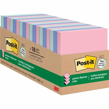 Post-it Greener Dispenser Notes - 3" x 3" - Square - 100 Sheets per Pad - Positively Pink, Fresh Mint, Moonstone - Paper - Self-