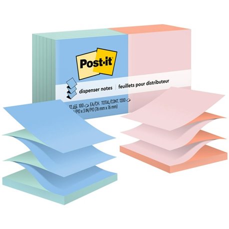 Post-it Dispenser Notes - Alternating Pastel Colors - 1200 - 3" x 3" - Square - 100 Sheets per Pad - Unruled - Fresh Mint, Canar