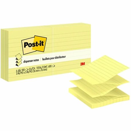 Post-it Dispenser Notes - 600 - 3" x 3" - Square - 100 Sheets per Pad - Ruled - Yellow - Paper - Pop-up, Fanfold, Refillable - 6