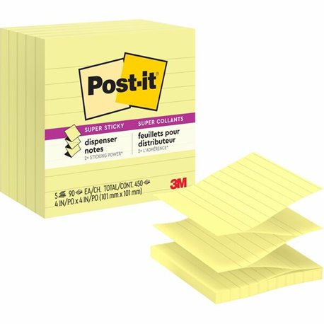 Post-it Super Sticky Lined Dispenser Notes - 450 - 4" x 4" - Square - 90 Sheets per Pad - Ruled - Canary Yellow - Paper - Pop-up