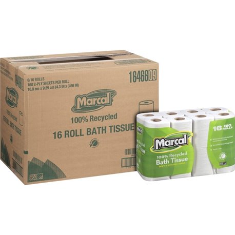 Marcal 100% Recycled Soft/Strong Bath Tissue - 2 Ply - 4.20" x 3.60" - 168 Sheets/Roll - White - 16 Rolls Per Container - 6 / Ca