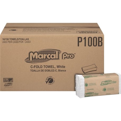 Marcal Recycled Center-Fold Paper Towels - 1 Ply - C-fold - 12.87" x 10.12" - 150 Sheets/Roll - White - Paper - 150 Per Bundle -